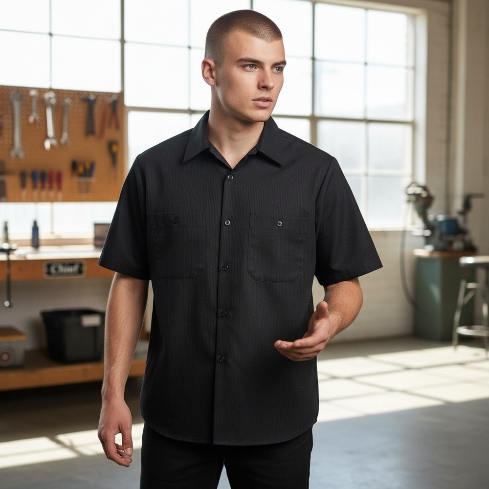 Red Kap Short Sleeve Work Shirt Black Pinstripe Industrial Uniform Men 1397
